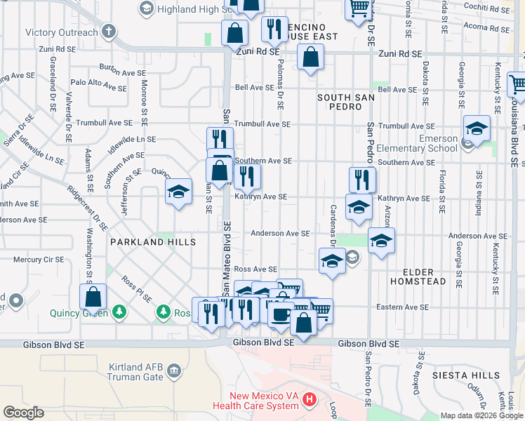 map of restaurants, bars, coffee shops, grocery stores, and more near 1033 Madeira Drive Southeast in Albuquerque