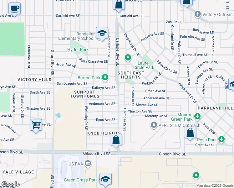 map of restaurants, bars, coffee shops, grocery stores, and more near 3532 Kathryn Avenue Southeast in Albuquerque