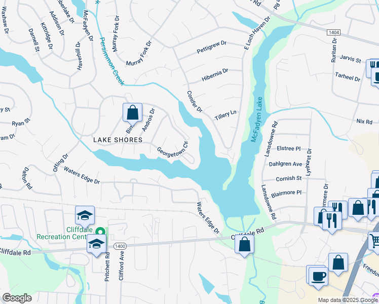 map of restaurants, bars, coffee shops, grocery stores, and more near 3346 Harbour Pointe Place in Fayetteville