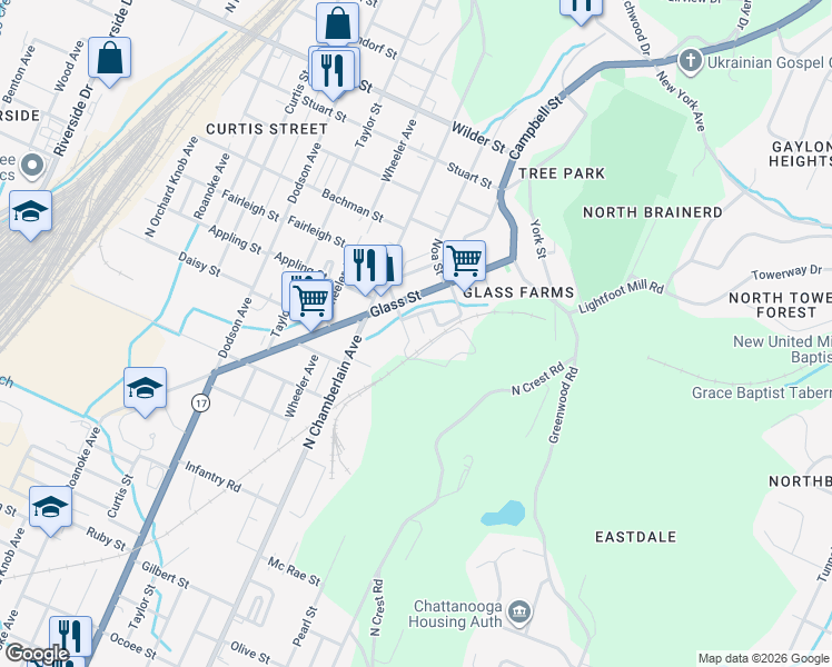 map of restaurants, bars, coffee shops, grocery stores, and more near 2410 Wetmore Street in Chattanooga