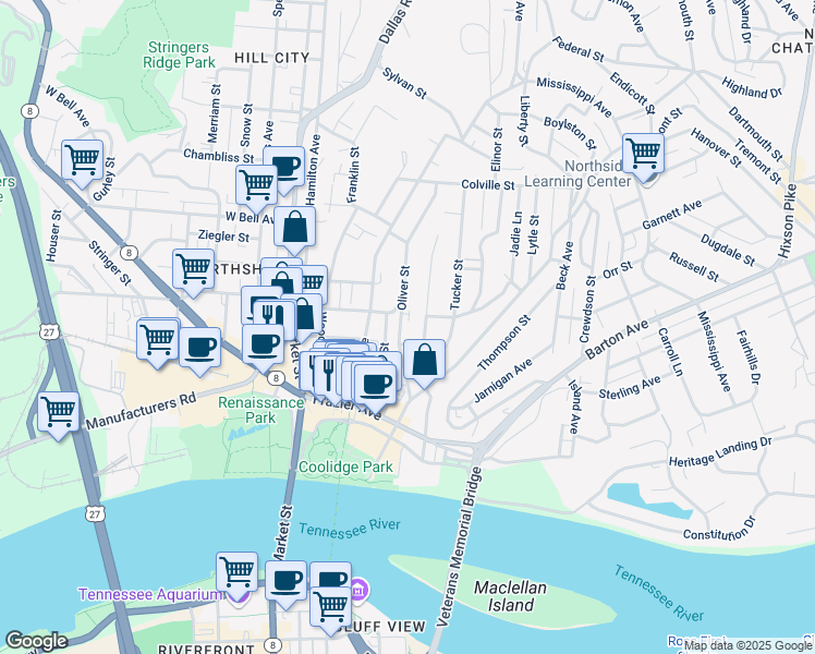map of restaurants, bars, coffee shops, grocery stores, and more near 209 East Manning Street in Chattanooga