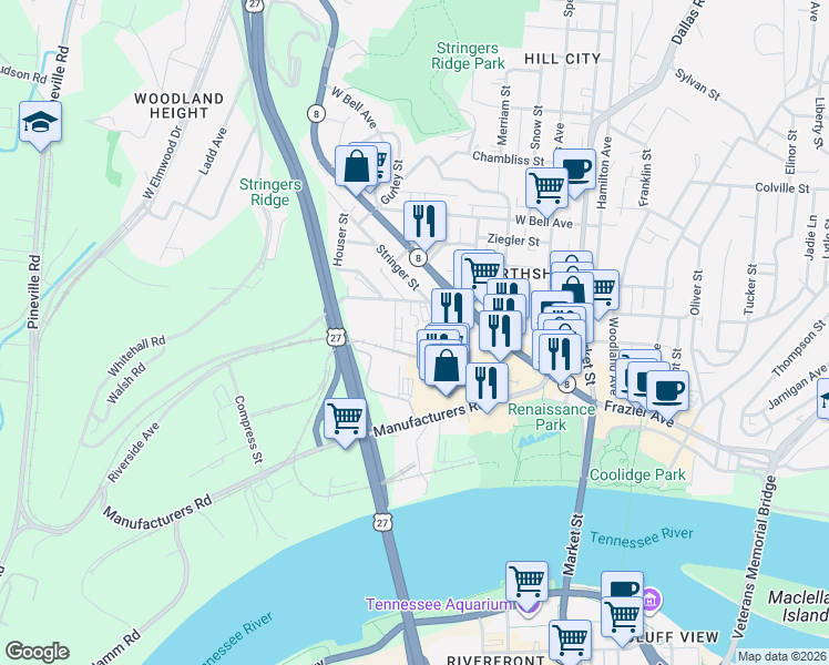 map of restaurants, bars, coffee shops, grocery stores, and more near 110 Peerless Avenue in Chattanooga