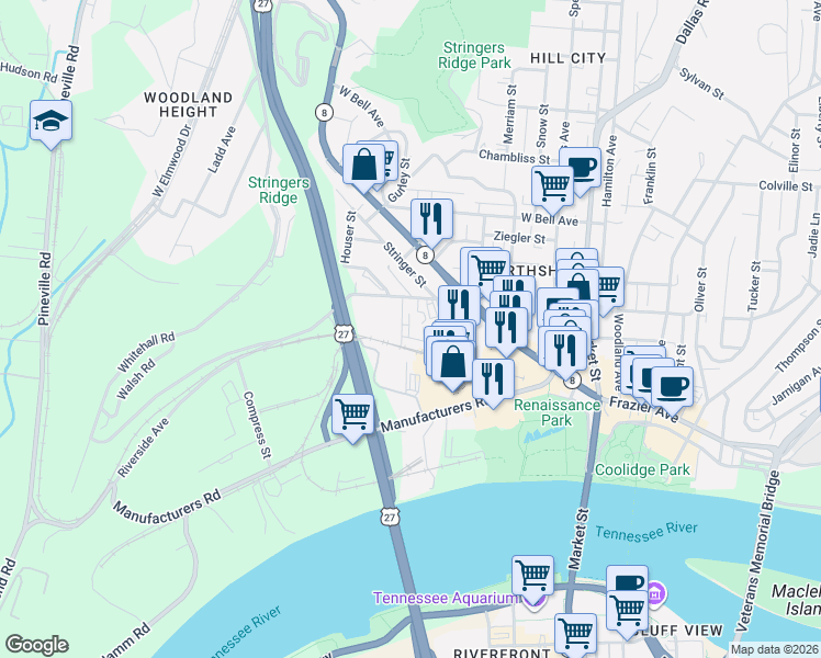 map of restaurants, bars, coffee shops, grocery stores, and more near 110 Peerless Avenue in Chattanooga