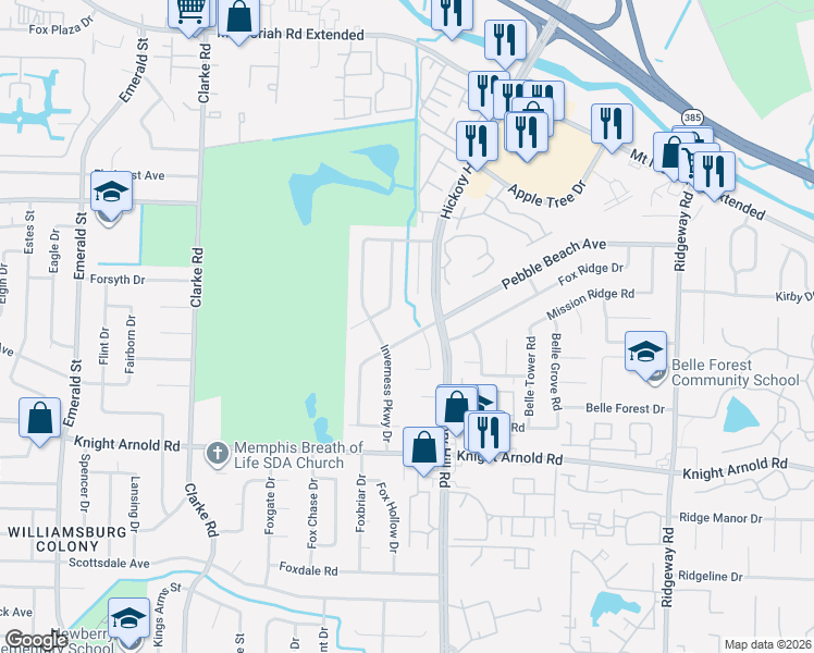 map of restaurants, bars, coffee shops, grocery stores, and more near 3048 Cypress Point Drive in Memphis