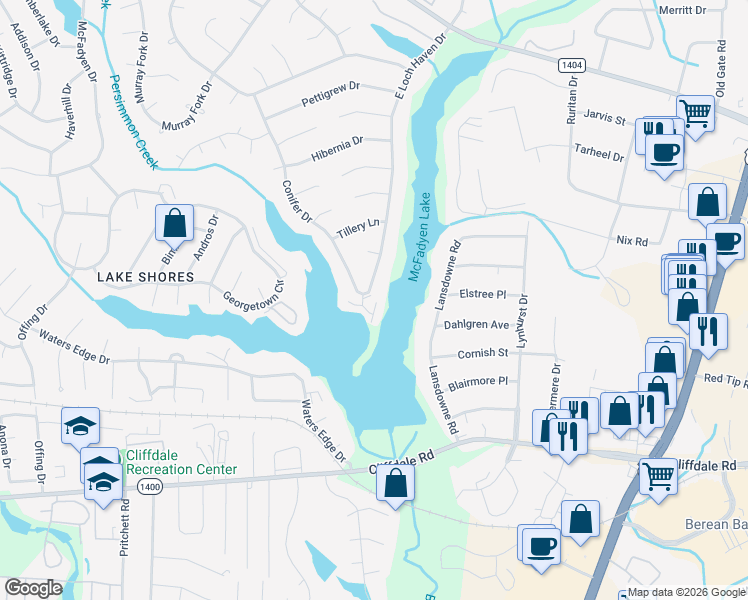 map of restaurants, bars, coffee shops, grocery stores, and more near 326 Conifer Drive in Fayetteville