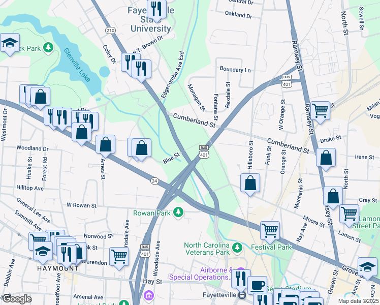 map of restaurants, bars, coffee shops, grocery stores, and more near 703 Blue Street in Fayetteville