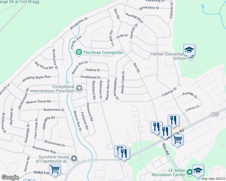 map of restaurants, bars, coffee shops, grocery stores, and more near 7301 Pebblebrook Drive in Fayetteville