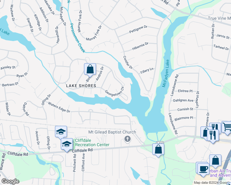 map of restaurants, bars, coffee shops, grocery stores, and more near 600 Georgetown Circle in Fayetteville