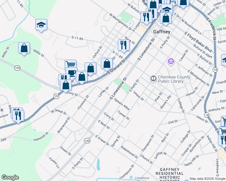 map of restaurants, bars, coffee shops, grocery stores, and more near 6 Lyman Street in Gaffney