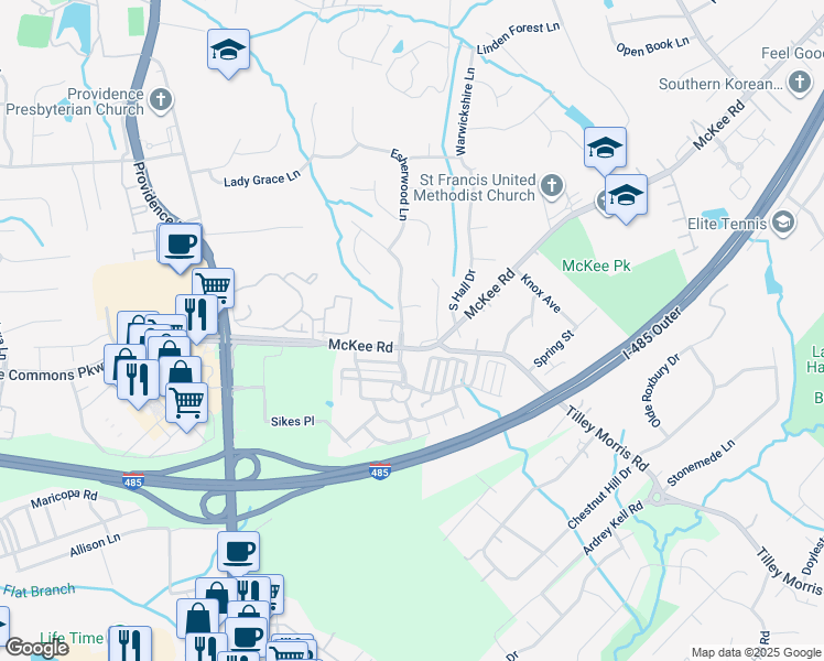 map of restaurants, bars, coffee shops, grocery stores, and more near 10601 Providence Arbours Drive in Charlotte