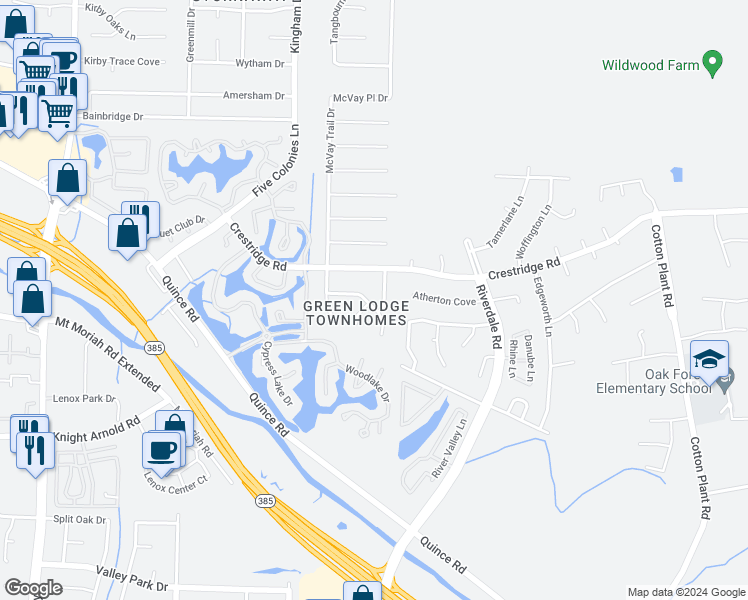 map of restaurants, bars, coffee shops, grocery stores, and more near 7010 Wesley Court in Memphis