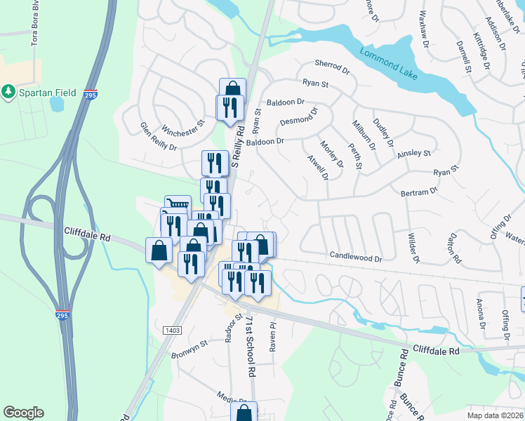 map of restaurants, bars, coffee shops, grocery stores, and more near 416 Northumberland Street in Fayetteville