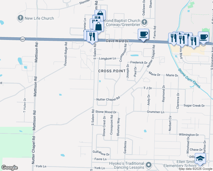 map of restaurants, bars, coffee shops, grocery stores, and more near 2775 Bowman Lane in Conway