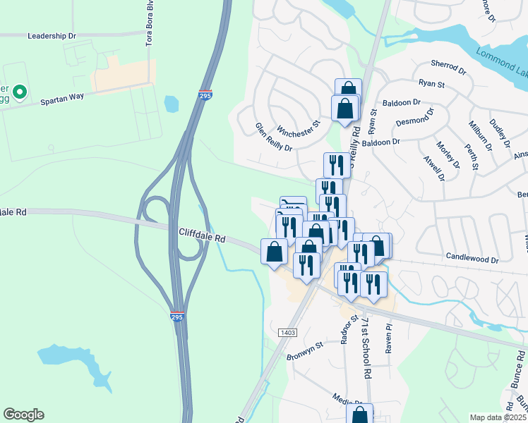 map of restaurants, bars, coffee shops, grocery stores, and more near 616 Marshtree Lane in Fayetteville