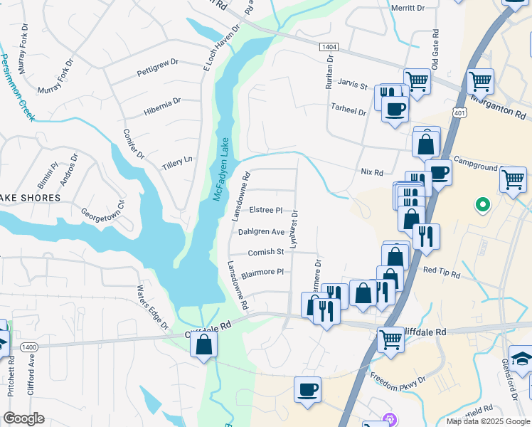 map of restaurants, bars, coffee shops, grocery stores, and more near 6030 Elstree Place in Fayetteville