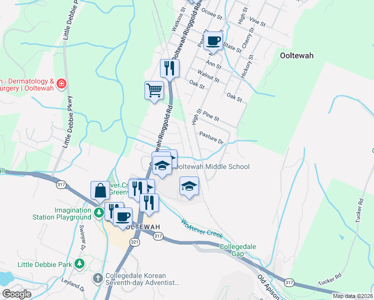 map of restaurants, bars, coffee shops, grocery stores, and more near 5223 High Street in Ooltewah