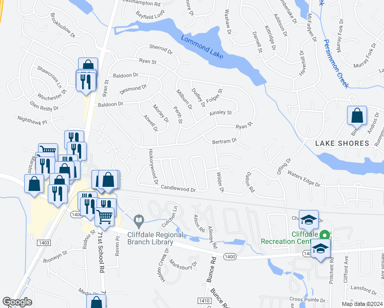 map of restaurants, bars, coffee shops, grocery stores, and more near 6811 Candlewood Drive in Fayetteville