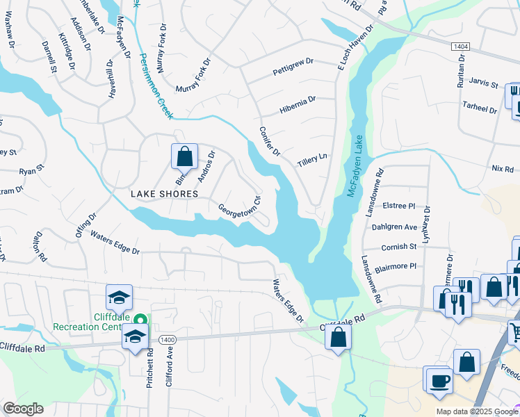 map of restaurants, bars, coffee shops, grocery stores, and more near 3348 Harbour Pointe Place in Fayetteville