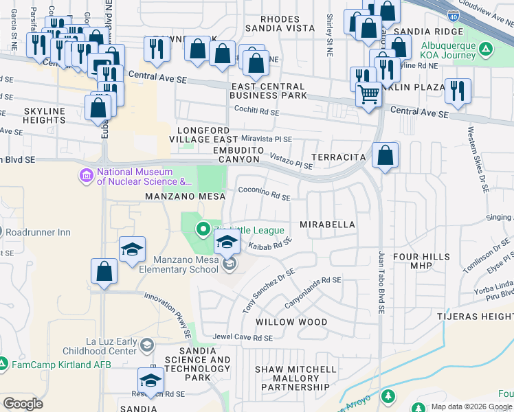 map of restaurants, bars, coffee shops, grocery stores, and more near 408 Deschutes Street Southeast in Albuquerque