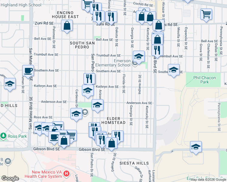 map of restaurants, bars, coffee shops, grocery stores, and more near 736 California Street Southeast in Albuquerque