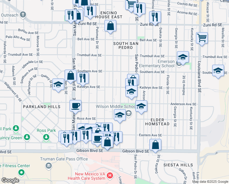 map of restaurants, bars, coffee shops, grocery stores, and more near 845 Valencia Drive Southeast in Albuquerque
