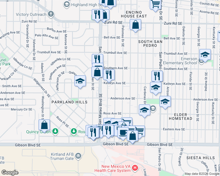 map of restaurants, bars, coffee shops, grocery stores, and more near 5413 Kathryn Avenue Southeast in Albuquerque