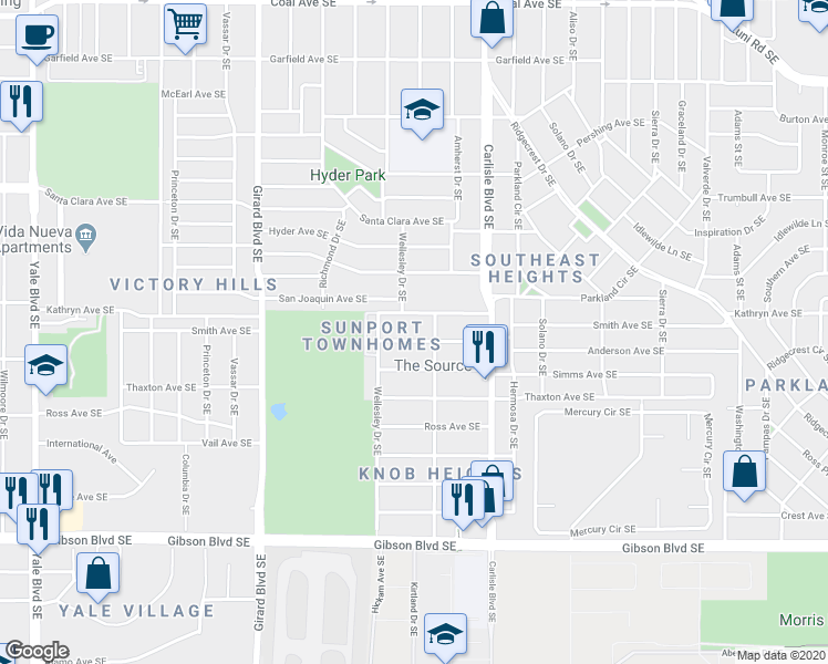 map of restaurants, bars, coffee shops, grocery stores, and more near 3416 Kathryn Avenue Southeast in Albuquerque