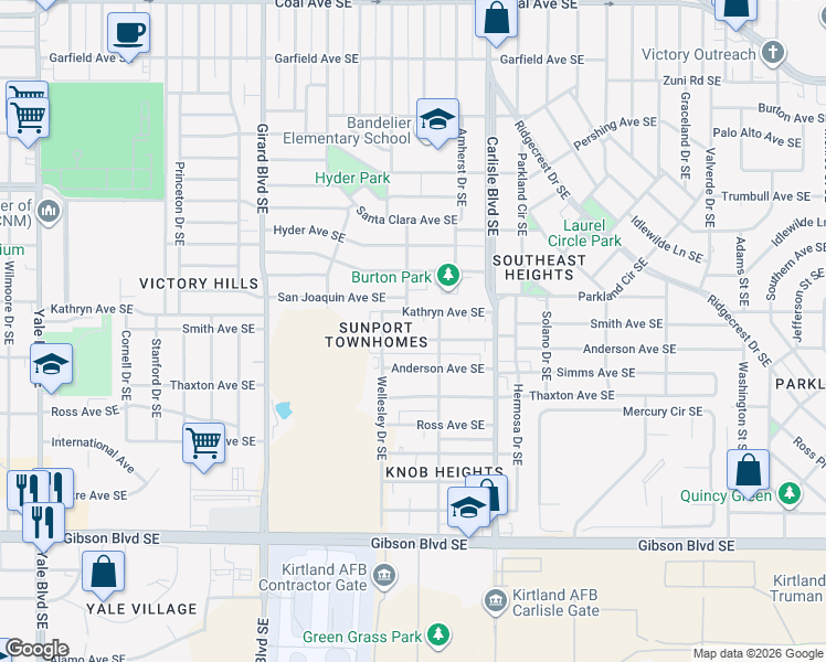 map of restaurants, bars, coffee shops, grocery stores, and more near 3416 Kathryn Avenue Southeast in Albuquerque