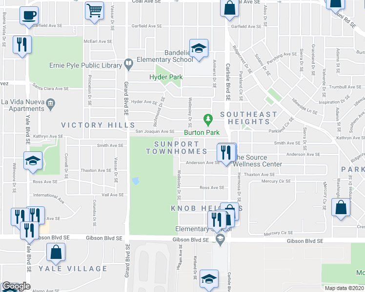 map of restaurants, bars, coffee shops, grocery stores, and more near 3416 Kathryn Avenue Southeast in Albuquerque