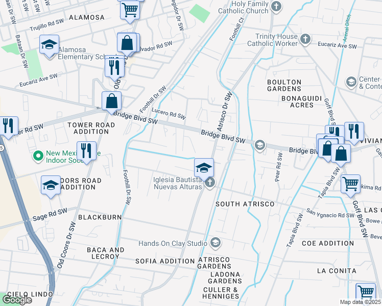 map of restaurants, bars, coffee shops, grocery stores, and more near 1022 Los Puentes Drive Southwest in Albuquerque