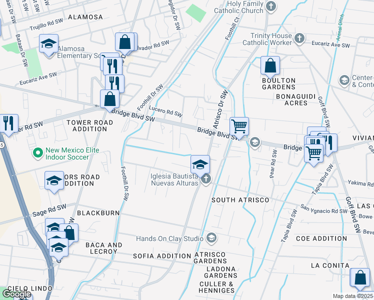 map of restaurants, bars, coffee shops, grocery stores, and more near 1022 Los Puentes Drive Southwest in Albuquerque
