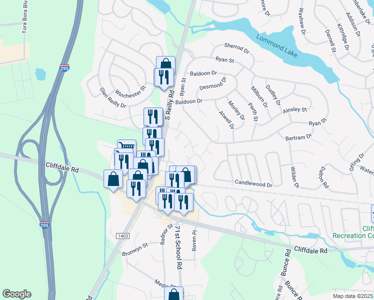 map of restaurants, bars, coffee shops, grocery stores, and more near 416 Northumberland Street in Fayetteville