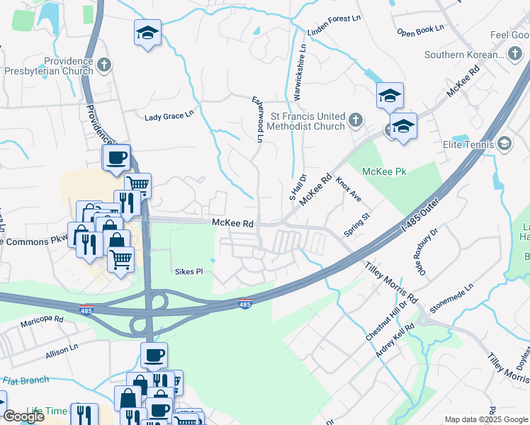 map of restaurants, bars, coffee shops, grocery stores, and more near 10601 Providence Arbours Drive in Charlotte