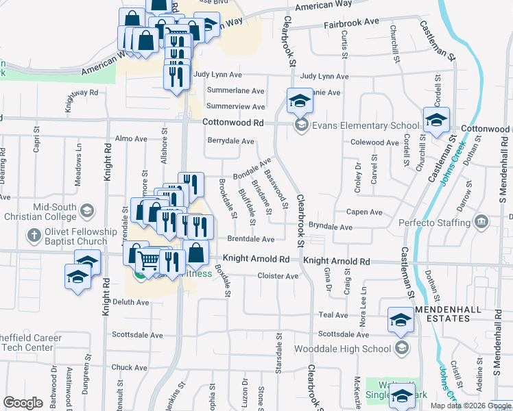 map of restaurants, bars, coffee shops, grocery stores, and more near 3047 Brisdane Street in Memphis