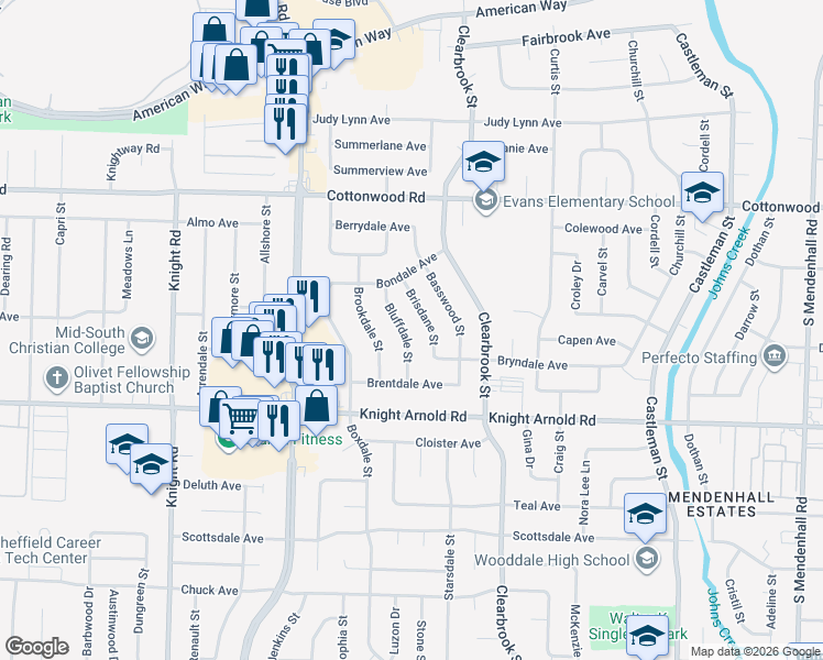 map of restaurants, bars, coffee shops, grocery stores, and more near 3047 Brisdane Street in Memphis