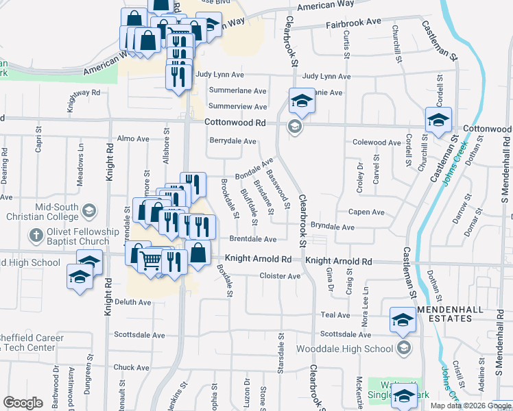 map of restaurants, bars, coffee shops, grocery stores, and more near 3047 Brisdane Street in Memphis