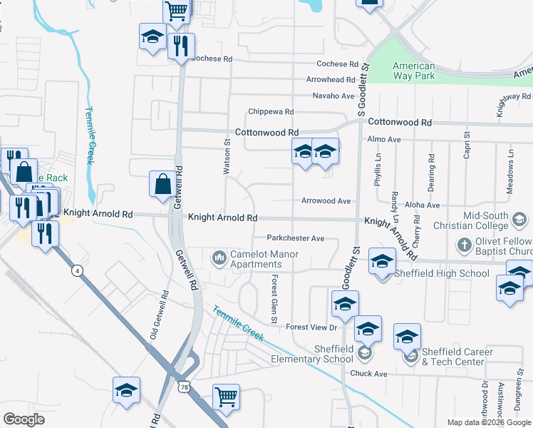 map of restaurants, bars, coffee shops, grocery stores, and more near 4107 Cedarwood Cove in Memphis