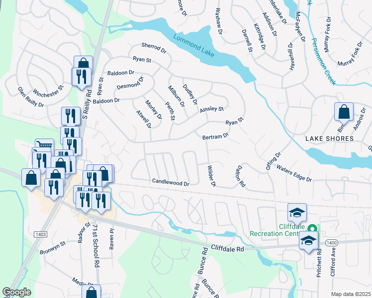 map of restaurants, bars, coffee shops, grocery stores, and more near 6815 Candlewood Drive in Fayetteville