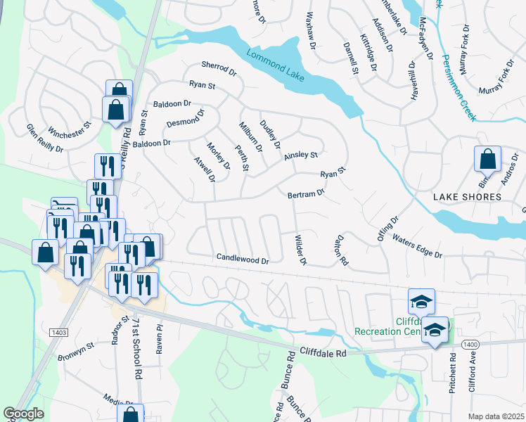map of restaurants, bars, coffee shops, grocery stores, and more near 6815 Candlewood Drive in Fayetteville