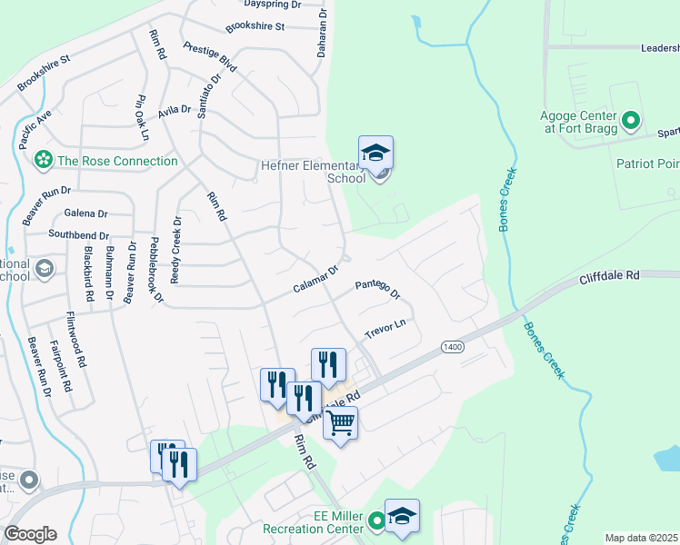 map of restaurants, bars, coffee shops, grocery stores, and more near 7091 Calamar Drive in Fayetteville