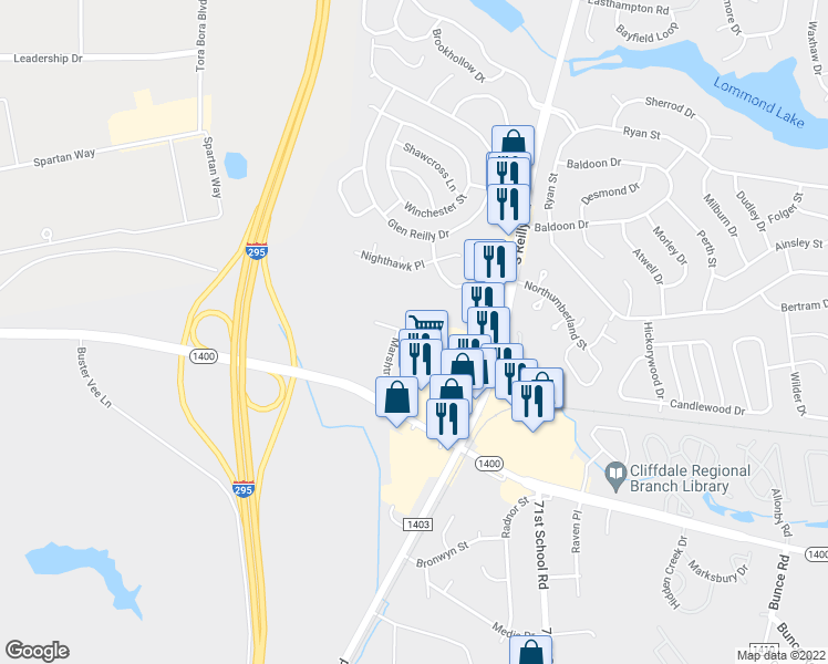 map of restaurants, bars, coffee shops, grocery stores, and more near 621 Marshtree Lane in Fayetteville