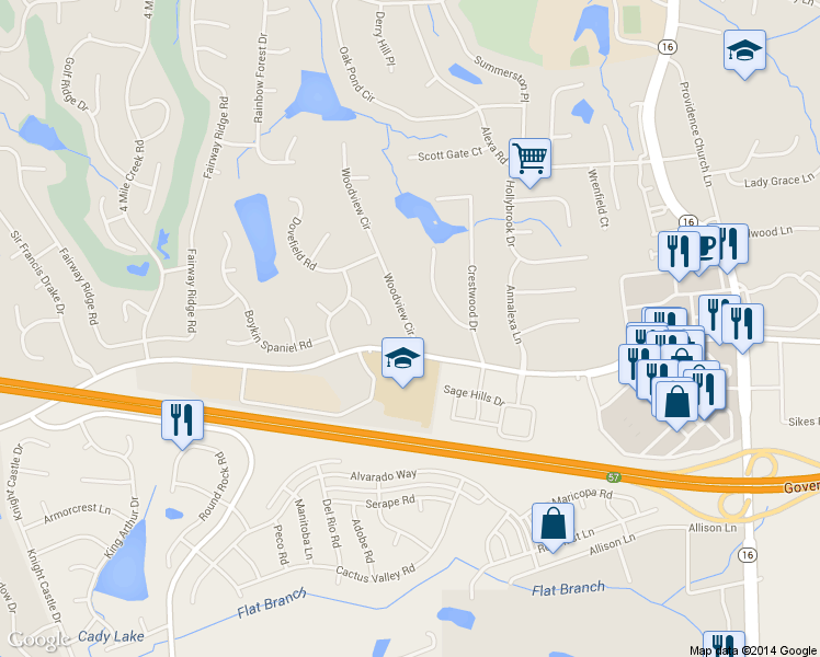 map of restaurants, bars, coffee shops, grocery stores, and more near 10319 Woodview Circle in Charlotte