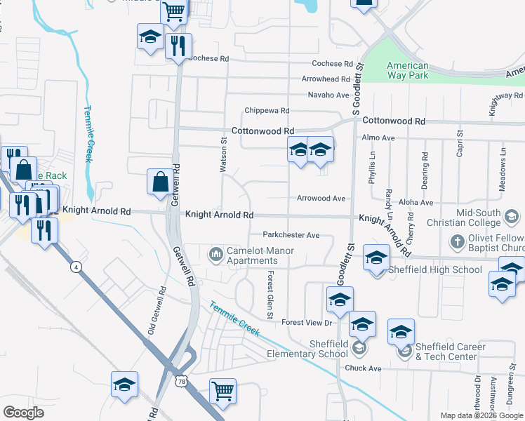 map of restaurants, bars, coffee shops, grocery stores, and more near 4107 Cedarwood Cove in Memphis
