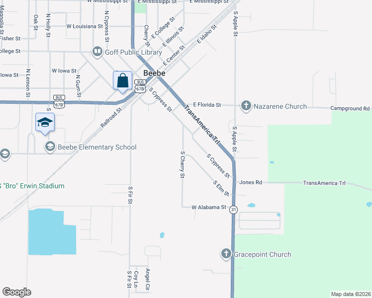 map of restaurants, bars, coffee shops, grocery stores, and more near 404 South Cypress Street in Beebe