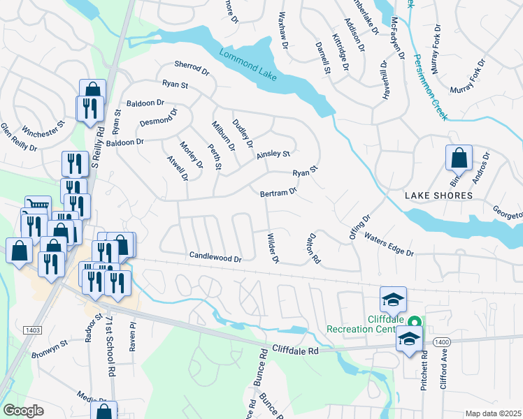 map of restaurants, bars, coffee shops, grocery stores, and more near 378 Wilder Drive in Fayetteville