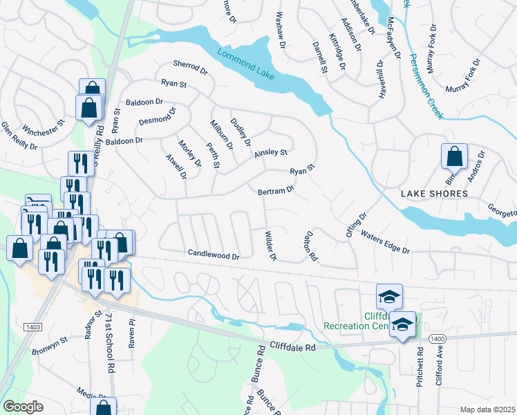 map of restaurants, bars, coffee shops, grocery stores, and more near 378 Wilder Drive in Fayetteville