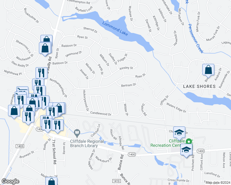 map of restaurants, bars, coffee shops, grocery stores, and more near 6831 Candlewood Drive in Fayetteville