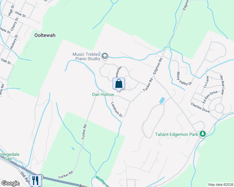 map of restaurants, bars, coffee shops, grocery stores, and more near 5630 Hyacinth Lane in Ooltewah