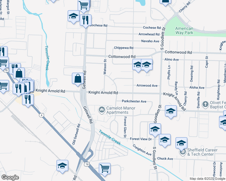 map of restaurants, bars, coffee shops, grocery stores, and more near 3049 Ashwood Street in Memphis