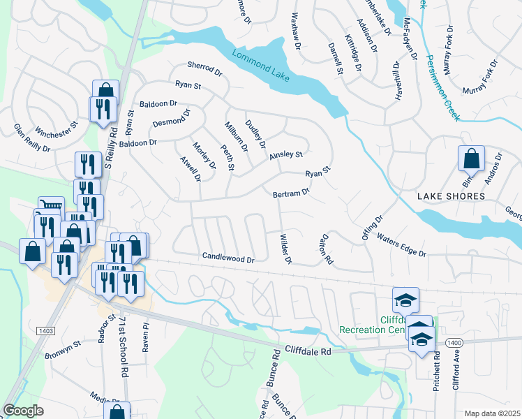 map of restaurants, bars, coffee shops, grocery stores, and more near 6831 Candlewood Drive in Fayetteville